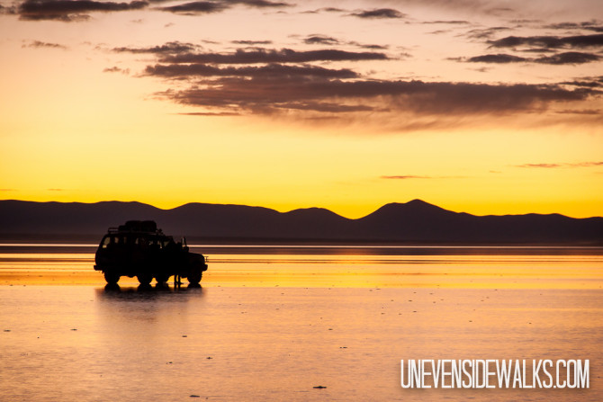 Land Cruiser on the Uyuni Salt Flats at Sunrise